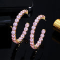 Bling Ice Out Round Cubic Zirconia Yellow Gold Plated Pink Big Circle Hoop Earring for Women Luxury Designer CZ Jewelry