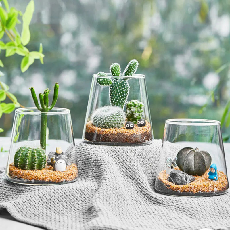 Home Decor Items ECO Friendly Handmade clear Fuji Shape Hydroponic High Borosilicate Glass Jars with Cork Lids for Terrariums