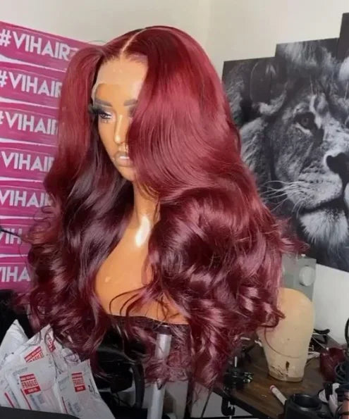 99J 13x4 Brazilian Hair Lace Front Black Women's Long Silk Wig 180% Burgundy Red Silky Straight Body Wave Frontal Pre-Plucked