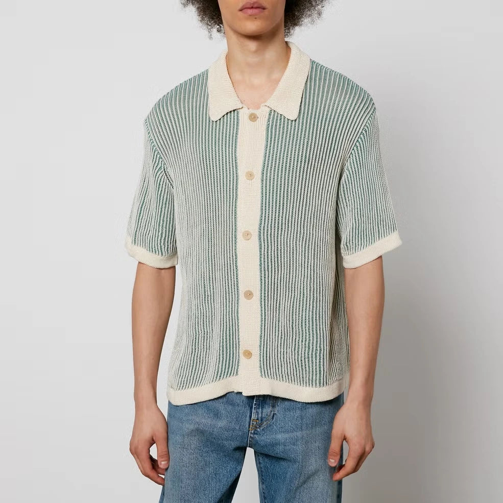 Green Plated 100% Cotton Knit Casual Shirt Street Style Summer Shirt With Embroidered Print Breathable and Comfortable