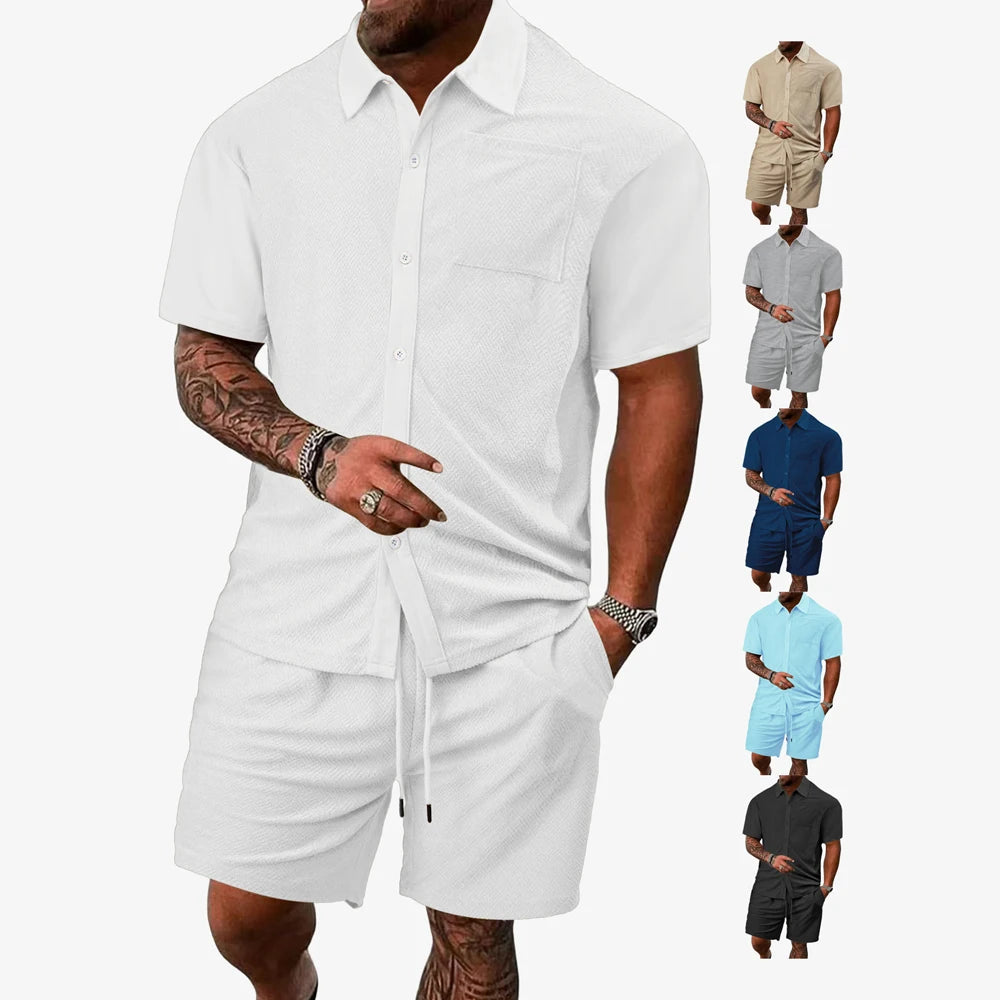 Men's Stand Collar Casual Cotton Polyester Blend Shirt Shorts Set Custom Logo Wholesale MegaBDM