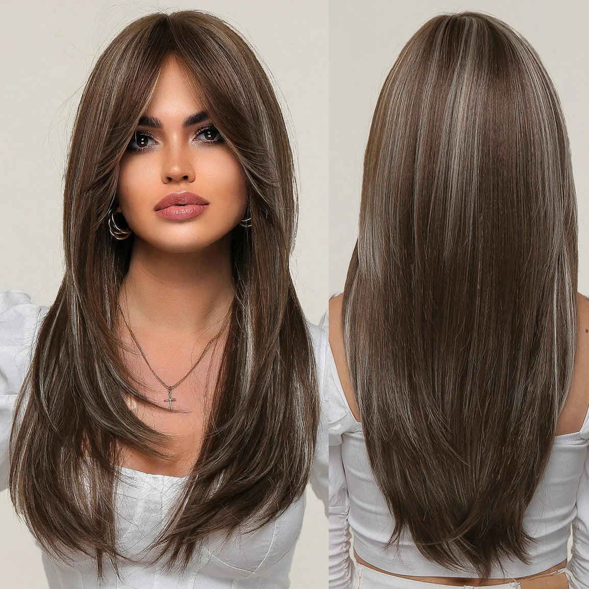 Supplier Wholesale Prices Mid-Length Straight Brown Mixed Ash Synthetic Wigs With Long Bangs Natural Layered Wig for Black Women
