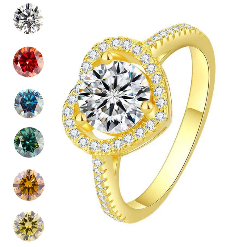 Fine Round Cut 1CT VVS1 Colored Moissanite Jewelry GRA Certified 925 Silver Gold Plated Circle Set Heart Halo Rings for Couple MegaBDM