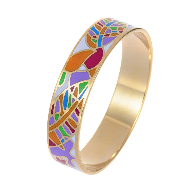 Stainless Steel Enamel Bangle Bracelet With Flower Leaf Poker Card Design for Women Jewelry Gift