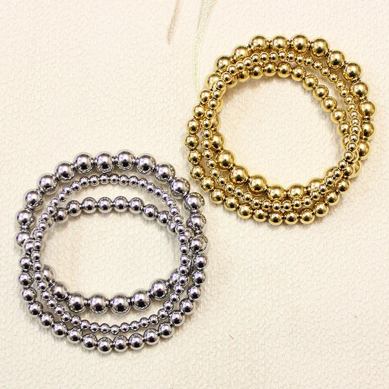 Anti Corrosion Materials Stainless Steel Beads Triple Stack Ball Stretch Bracelets Set