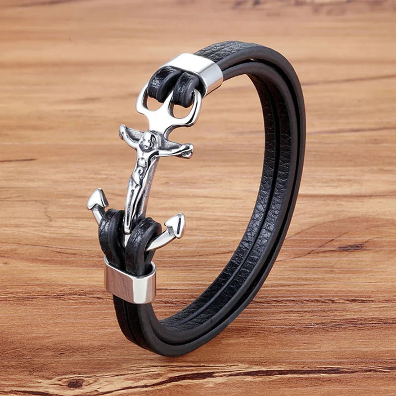 New Design Genuine Leather Bracelet 316L Stainless Steel Anchor Cross Charm Custom Bracelet for Men