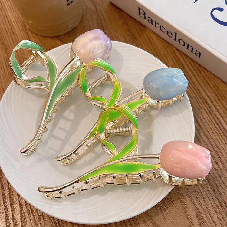 2023 Fashion Tulip Flower Metal Hair Clip Korean  Accessories Large Shark Clip Flower Hair Claw Clip for Women