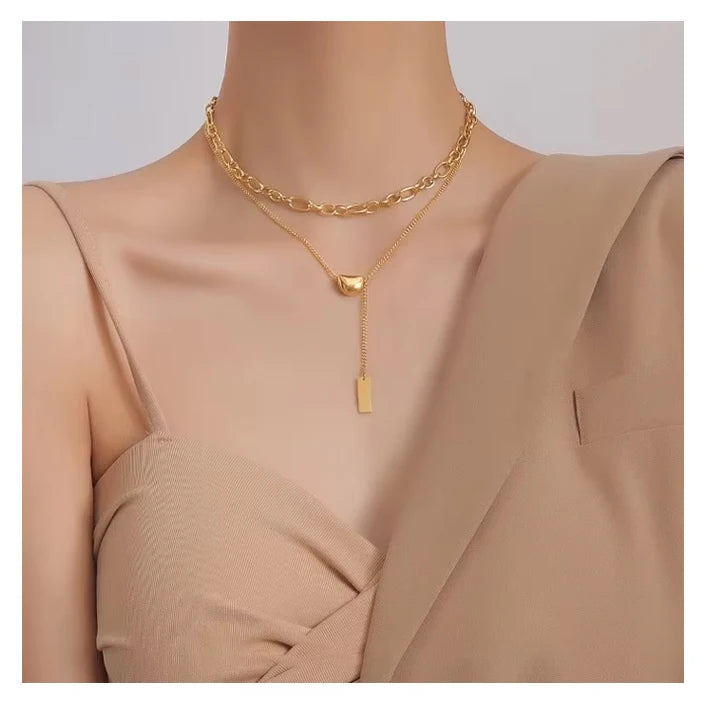 No Fade 18k Gold Plated Stainless Steel Necklace Gold Beans Double Layered Tassel Square Choker Necklace