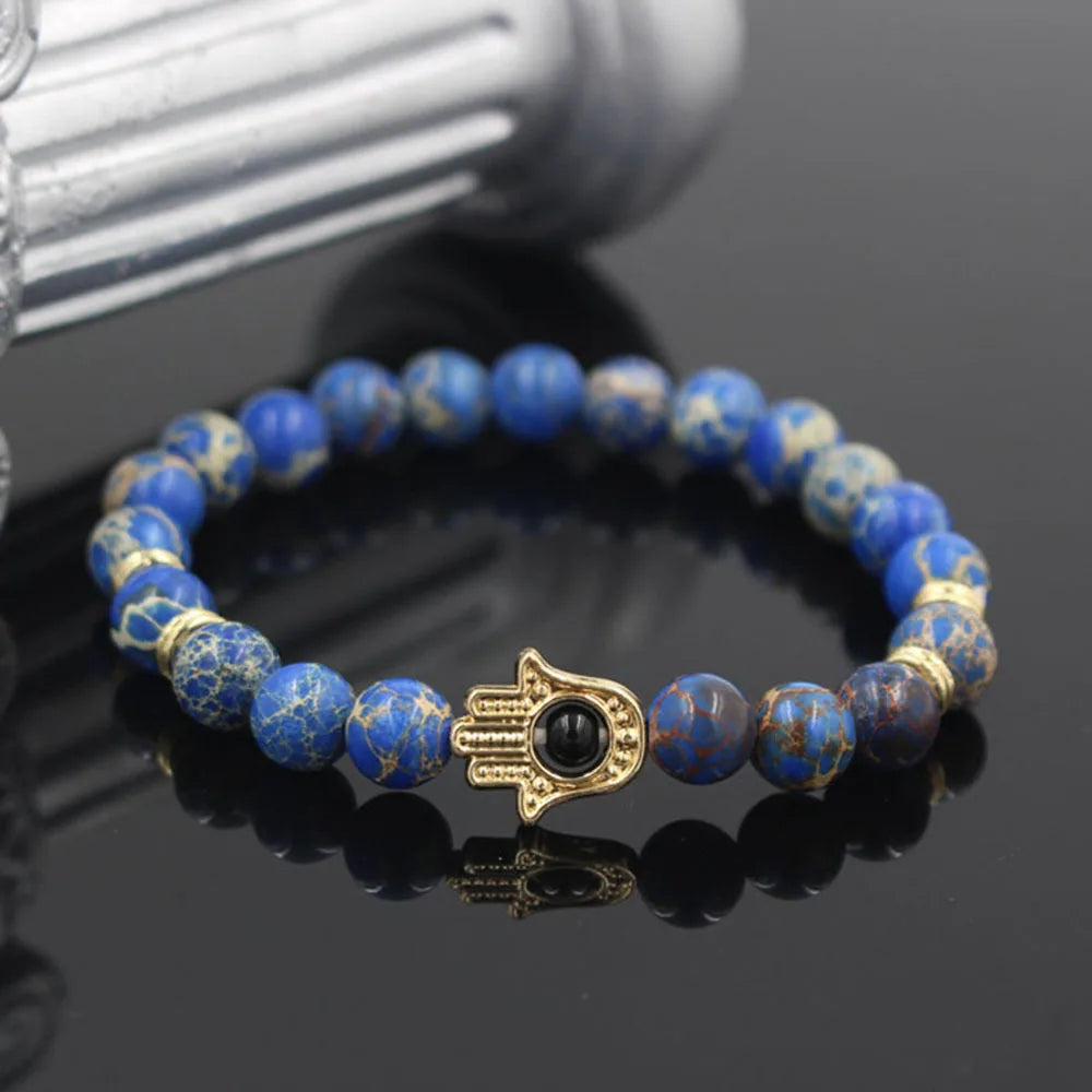 8mm Natural Lapis Blue Navy Blue Sea Sediment Turquoise Imperial Jasper Inspirational Charm Beaded Stretch Bracelet
