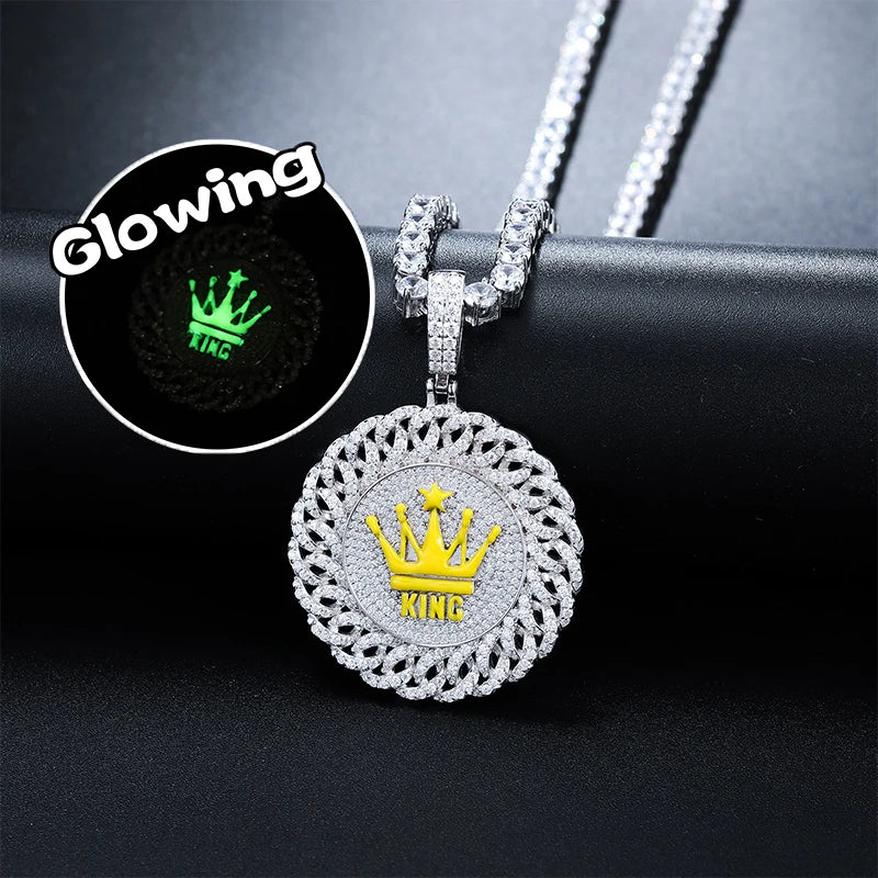 Dropshipping Glow in the Dark Jewelry Gift 925 Sterling Silver Full VVS Moissanite Diamond Round Crown Disc Pendant MegaBDM