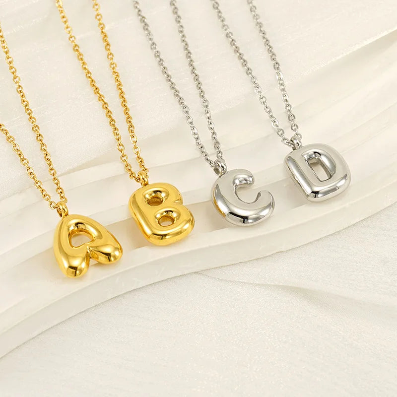 Women's Stainless Steel Gold 26 English Letter Necklace with Link Chain New European American Style Chubby Bubble Pendant