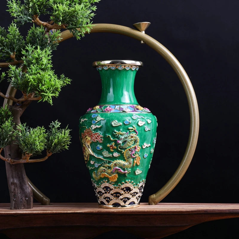 SHINNYGIFTS Dragon Design Enamel Handmade Pewter Metal Vase Feng Shui Style Figurine New Year Gifts for Elders Painted Technique