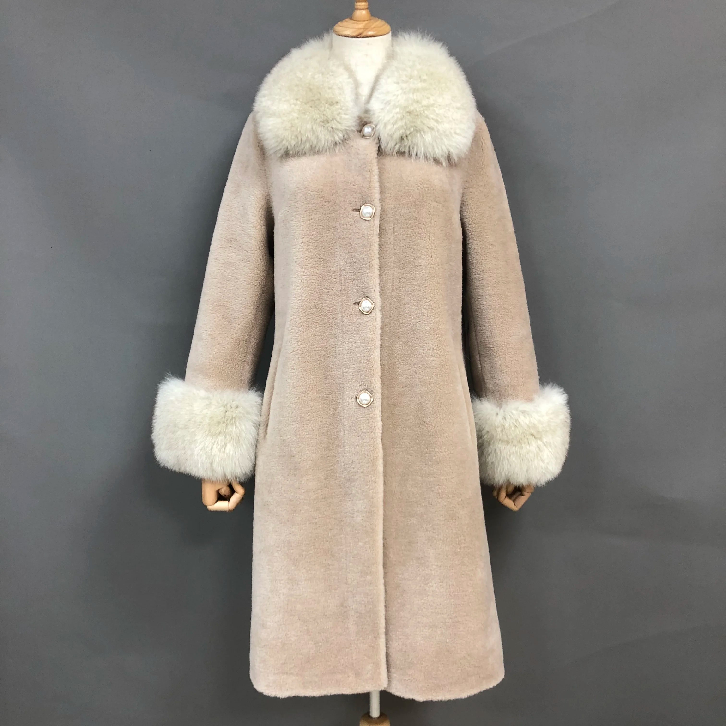 Custom Winter Long Sheepskin Wool Fur Coat With Real Fox Fur Collar Plus Size Women Genuine Shearling Jacket