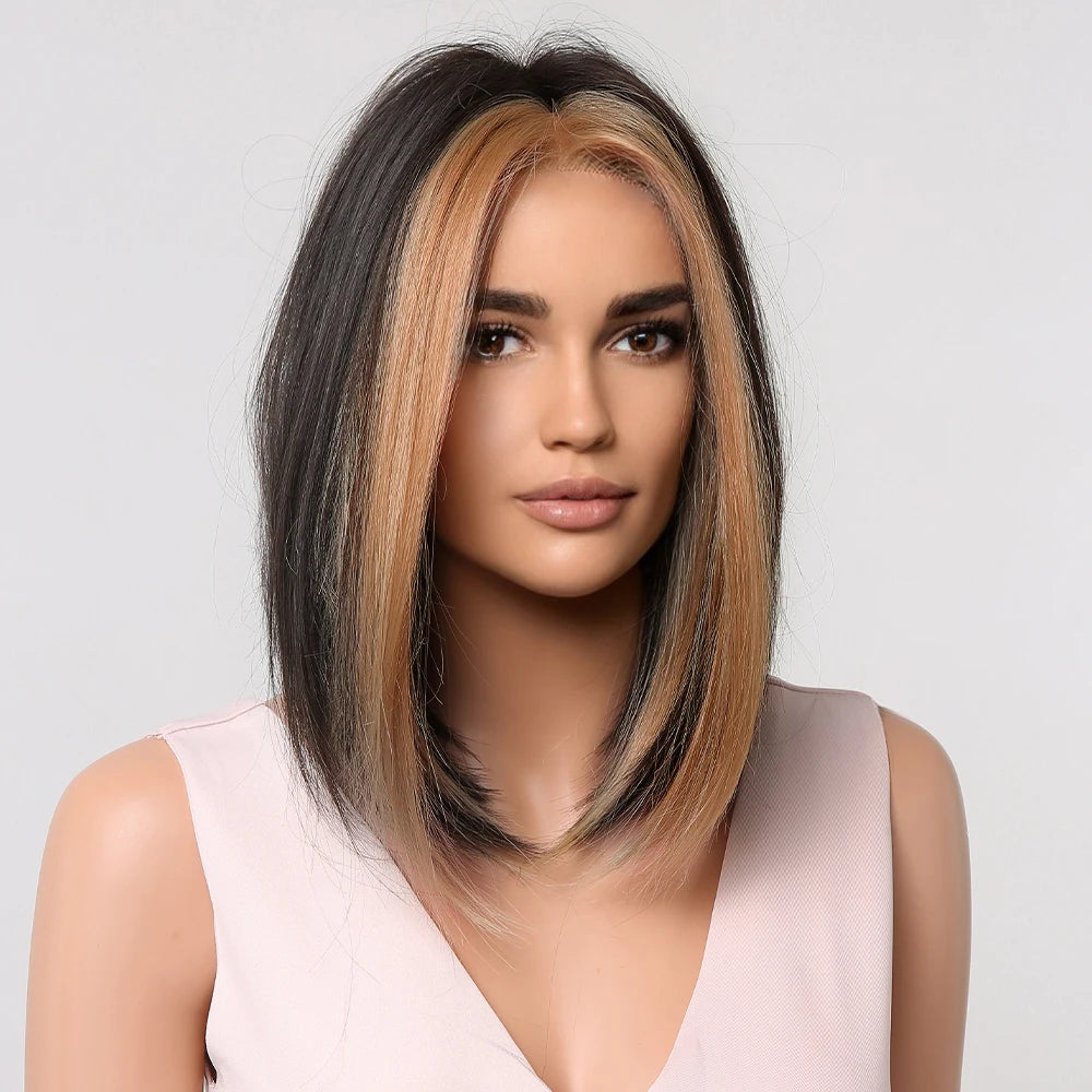 Factory Ship Now Brown Highlight Bob Wig for Women Short Straight Synthetic Wigs Middle Parted African American Hair