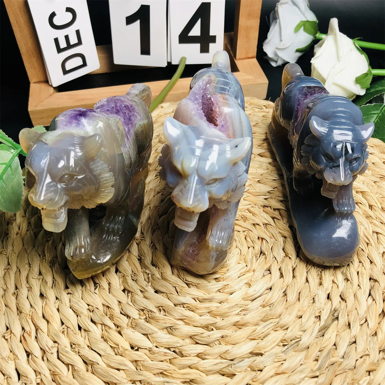 Druzy Agate Tiger Crystal Animal Carving Agate Tiger With Amethyst Druzy for Decoration