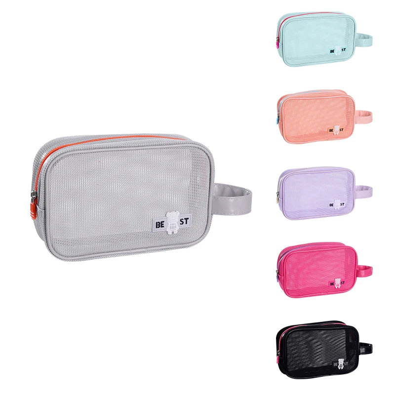 Rectangle Handbag Mesh Washing Bag Fashion Zippered Cosmetic Bag with Net for Beach for Summer