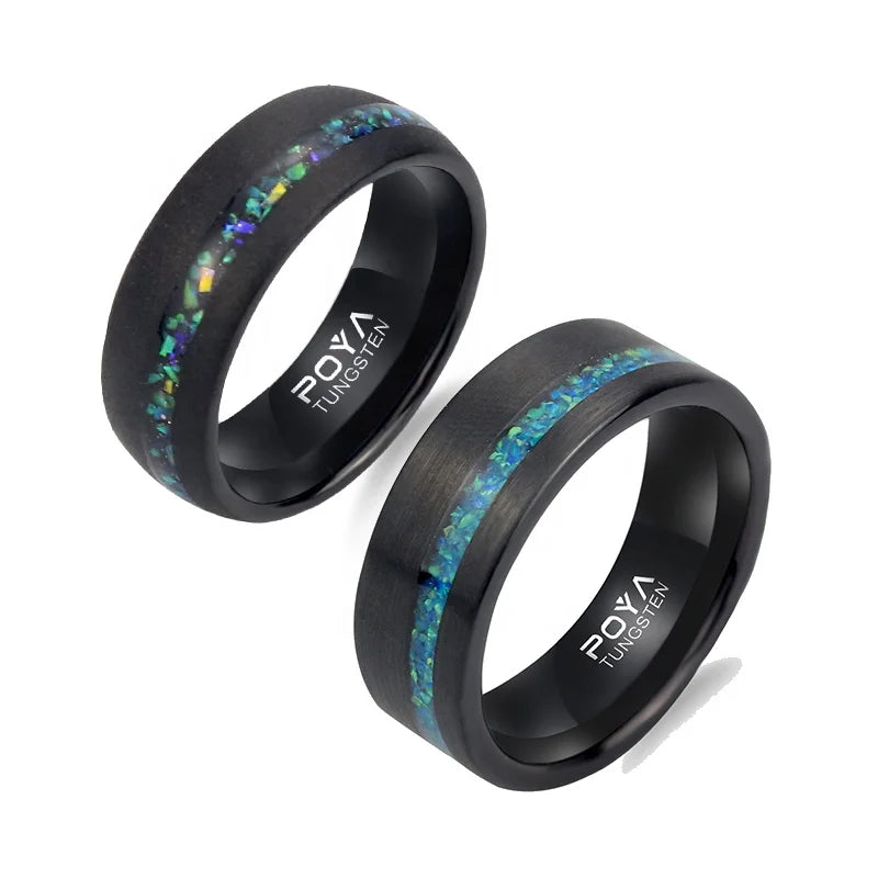 POYA 8mm Black Brushed Wedding Band Tungsten Crushed Rainbow Opal Inlay Matted Galaxy for Men