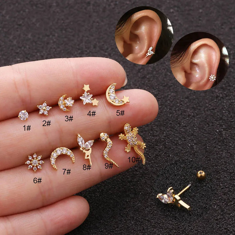 Trendy Minimalist Stainless Steel Stud Earrings Flower Moon Piercing Earring Stainless Steel Zircon Earrings for Women
