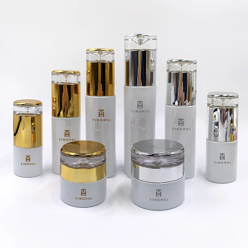 Luxury Cosmetic 30ml 50ml 100ml Skin Care Cream Perfume Spray Lotion Pump Gold Silver Water Drop Lids Glass Bottle & Jar Sets