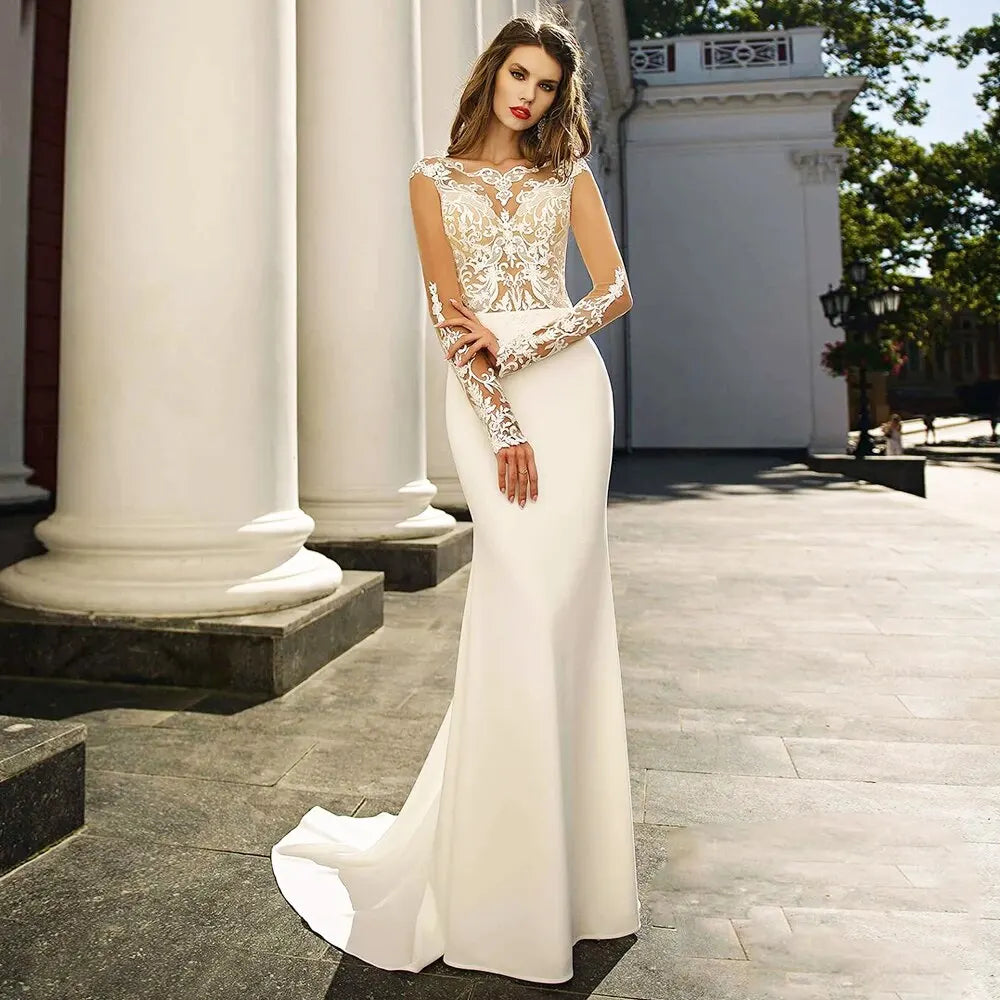 13173#Boho Sexy Boat Neck Beach Bohemian Sheath Sheer Back Long Sleeves Satin Princess Lace Applique Wedding Dress Bridal Gown