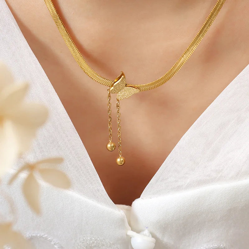2025 Fashion 18k Gold Plated Stainless Steel Jewelry Necklace Ball Tassel Butterfly Pendant for Women Girl Gift