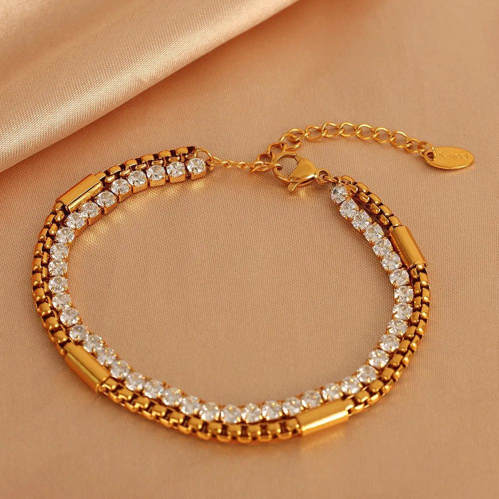 Trendy Gold Plated Stainless Steel Zircon Square Double Layer Chain Link Bracelet for Children's Anniversary