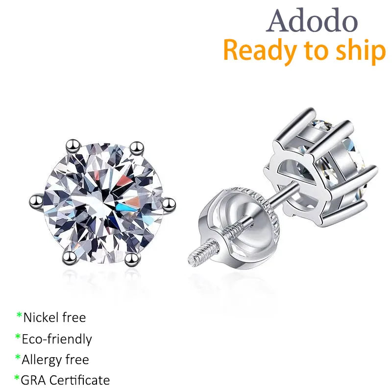Multi Sizes Classic S925 Sterling Silver White Gold Plated Round Cut VVS Screw Back Stud Earrings with GRA Certificate