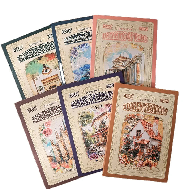 30pcs/pack CURLY Book Note Paper Non-adhesive Material Paper Retro Architecture Handbook Material Sticker Book
