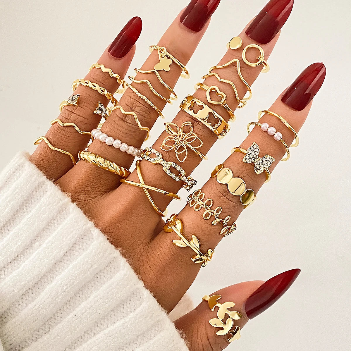 2024 New Fashion 25pcs Flower Leaf Heart Finger Rings Set Gold Plated Crystal Butterfly Ring Set for Women Jewelry Set
