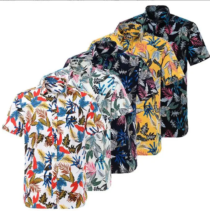 Custom Summer Mens Printed Shirts Turn-down Collar 100% Cotton Beach Short Sleeve Loose Hawaiian Shirt EU Size