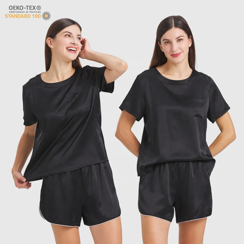 100% Mulberry Silk Pajamas Womans O-neck With Short Sleeves Silk Clothing 6A Grade