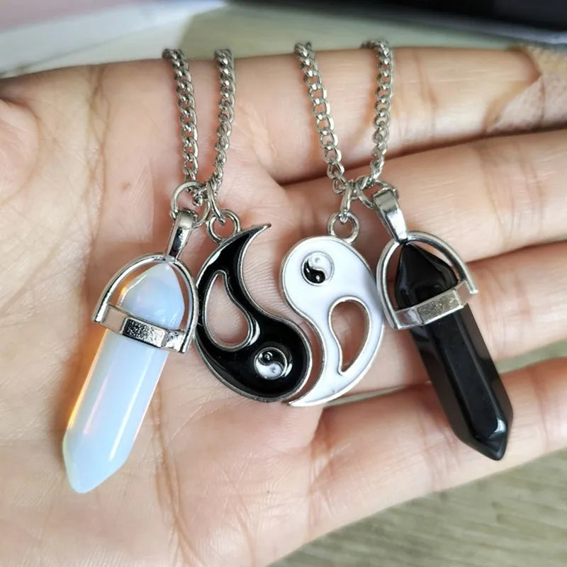 Wholesale Couple Natural Stone Necklaces Set Taiji Pendent Hexagonal Column Crystals Healing Stones Necklace