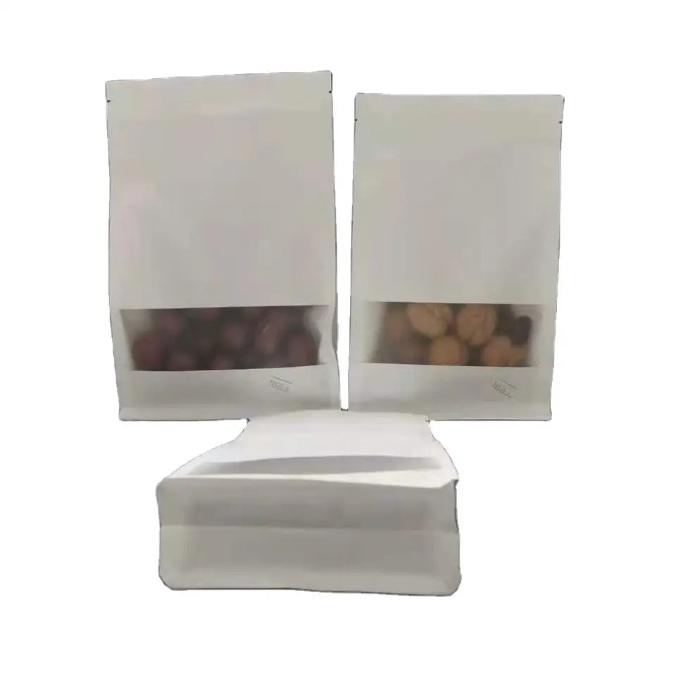 Wholesales Brown and White Pouch Resealable Zip Lock Bag Flat Bottom Kraft Paper Eight Side Sealing Bag With Window