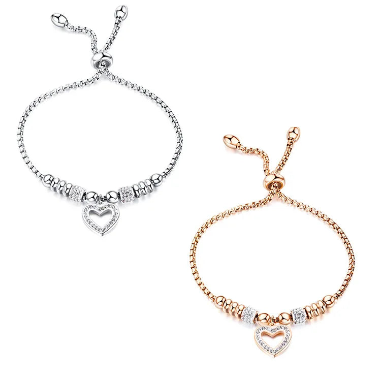 G444 Adjustable Heart Shape Love Zircon Rose Gold Plated Stainless Steel Women Bracelets