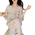 Women's Summer Spring Three Quarter Sleeve Thin Floral Breathable Pajamas Home Wear 3pcs