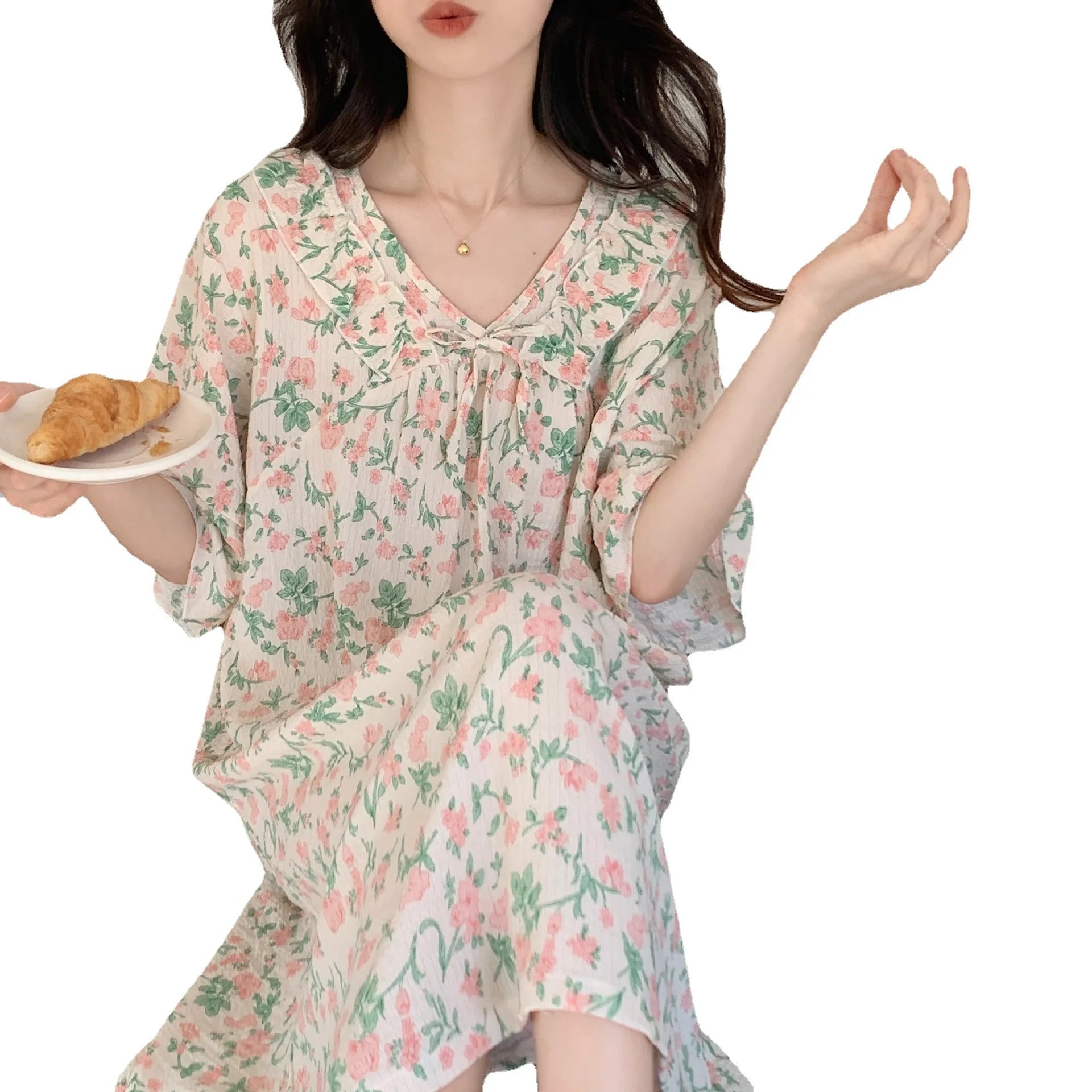 Women's Summer Spring Three Quarter Sleeve Thin Floral Breathable Pajamas Home Wear 3pcs