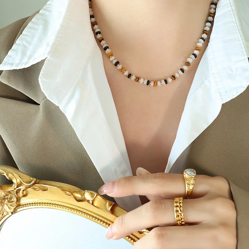 Unique Design 18K Gold Plated Stainless Steel Jade Black Agate Tiger Eye Stone Zebra Print Choker Necklace for Women Gift P1406
