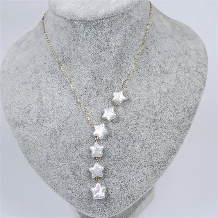 New Design Gold Silver ChainJewelry Real Fresh Water Pearl Star Shape Pendant Necklace