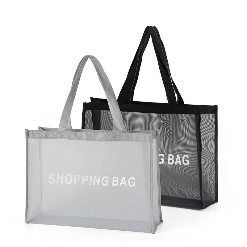 Custom Printed Handles Reusable Mesh Shopping Bag Travel Beach Shower Storage Net Grocery Shopper Nylon Mesh Tote Bag