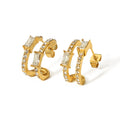 Personality Luxury 18K Gold Plated Stainless Steel Hollow Huggie Earrings White Cubic Zirconia Diamond C Shape Stud for Women