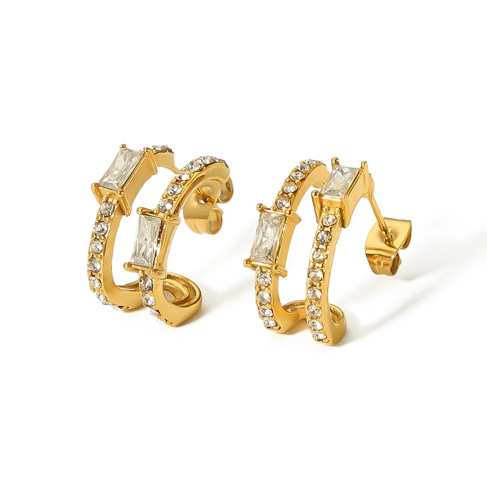 Personality Luxury 18K Gold Plated Stainless Steel Hollow Huggie Earrings White Cubic Zirconia Diamond C Shape Stud for Women