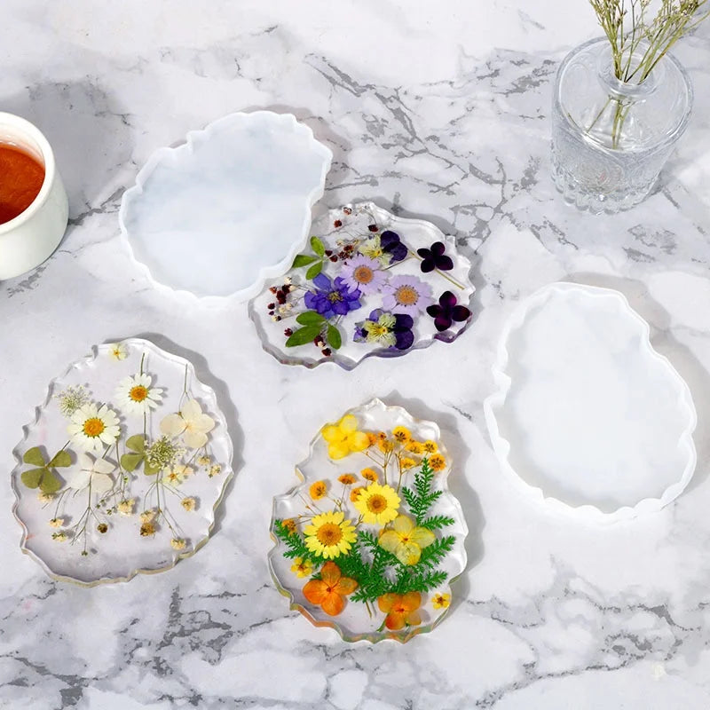 DM698 Irregular Resin Coaster Mold Silicone Crystal Pendant Cup Holder With Decorative Border for Resin Casting