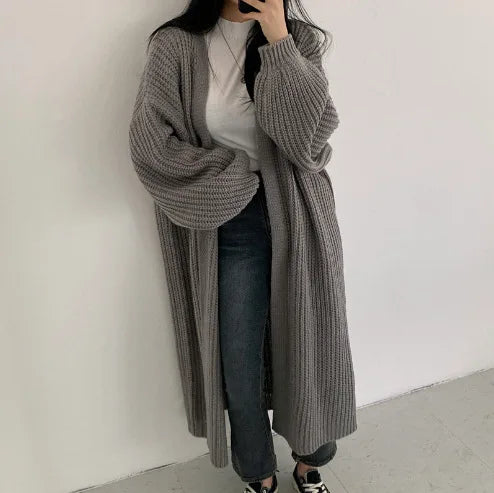 European and American Striped Sweater Cardigan New Solid Color Loose Lantern Sleeve Sweater Long Knitted Cardigan