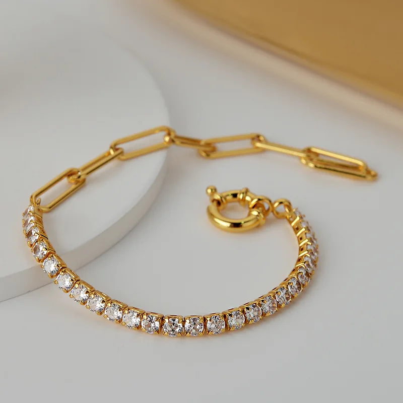 Moge Bijoux Femm Gold Plated Sterling Silver Paperclip Chain Luxury Zircon Diamond Tennis Bracelet Women