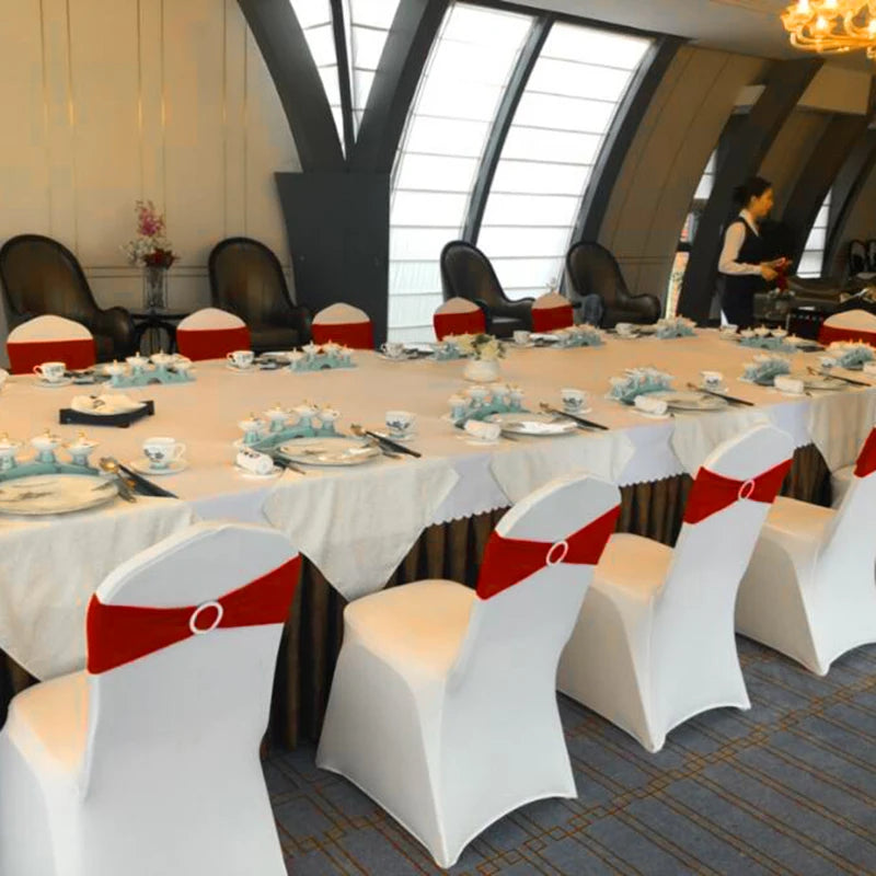 Hot Selling Printed Spandex Chair Sashes Gold Silver Wedding Banquet Decoration with Stretch Band Buckle Slider Cover