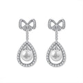 Vintage Wedding 925 Silver Bow Earrings with Cubic Zirconia Classic Style Rie Pearl Drop Hoop Fashionable and Stylish