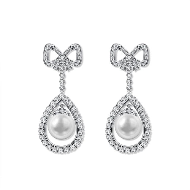 Vintage Wedding 925 Silver Bow Earrings with Cubic Zirconia Classic Style Rie Pearl Drop Hoop Fashionable and Stylish