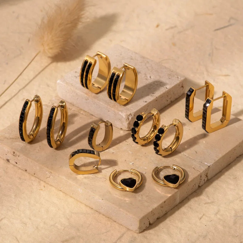 Waterproof Non Tarnish Geometric Black Zircon CZ Hoop Earrings 18k Gold PVD Stainless Steel U Shaped Huggie Earrings 316l