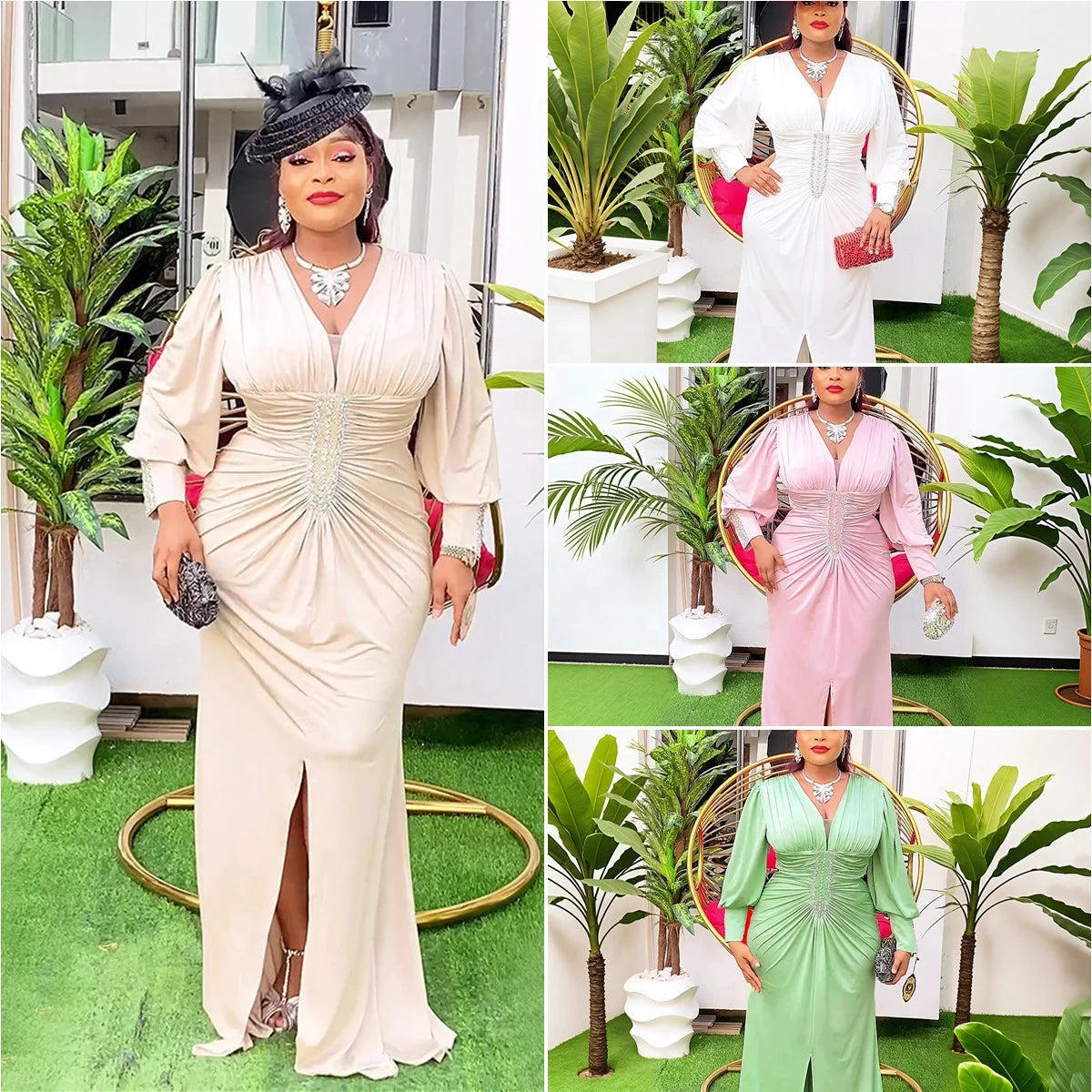S10209 Plus Size Women Evening Dresses Long Sleeve V-neck Beaded Long Church Dresses Maxi African Dresses for Women Clothing