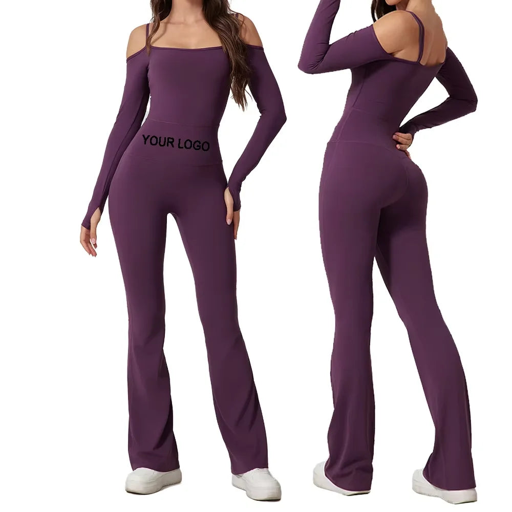 off Shoulder Long Sleeve Yoga Jumpsuit High Elastic Padded Gym Bodysuit Butt Lifting Flare Leggings Yoga Wear
